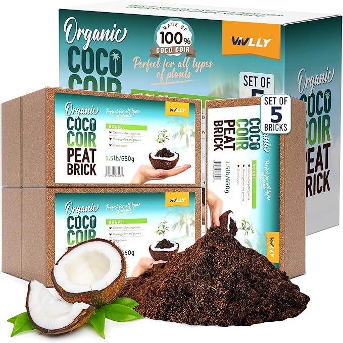 Compressed Coco Coir, 5 Pack Organic Coconut Coir, 1.4 Lbs Coco Brick, Coconut Soil with Low EC & pH Balance, Fiber for Herbs & Flowers, High Expansion, Renewable Soil for Planting