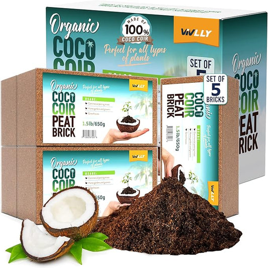 Compressed Coco Coir, 5 Pack Organic Coconut Coir, 1.4 Lbs Coco Brick, Coconut Soil with Low EC & pH Balance, Fiber for Herbs & Flowers, High Expansion, Renewable Soil for Planting