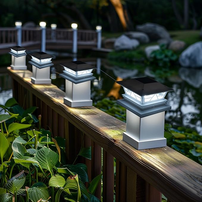TW SHINE 2 Pack Solar Outdoor Fence Post Lights, 2 Modes Post Cap Lights Waterproof Warm White/Cool White for Yard, Garden, Porch, Patio Decor, for 4x4 5x5 6x6 Wood Posts, White