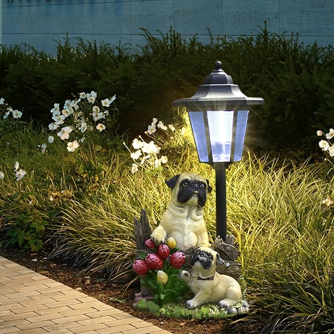 Solar Garden Country Farm Pug Dogs with Light, Outside-Outdoor Decorations Animal Statue for Patio Yard Lawn Walkway Ornaments Clearance Gifts for Mom Grandma Birthday