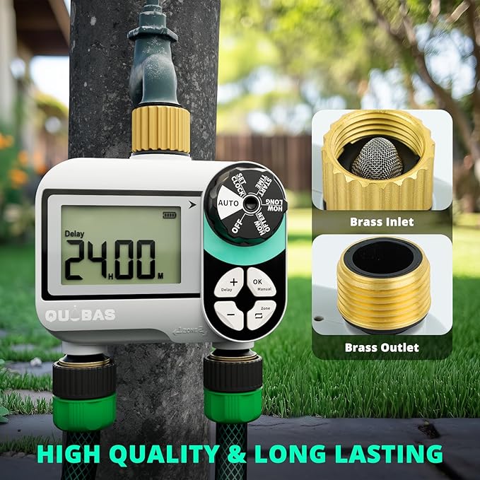 2 Zone Sprinkler Timer, Programmable Hose Timer with Brass Inlet & Outlet, Water Timer for Garden Hose with Rain Delay/Manual Watering/Automatic Irrigation Controller System for Yard, Lawn