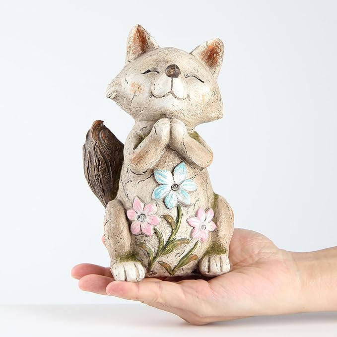 Fox Statue for Garden Decor,Garden Statue with Solar Power Light for Outdoor Patio Porch Lawn Yard Backyard oudside Indoor Shelf Decoration,Praying Fox Garden Sculptures & Statues