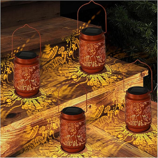 Solar Lanterns Outdoor Waterproof - Metal Hanging Solar Lights for Patio Yard Garden Decor, Christmas Birthday Gifts for Women Mom Men (4 Pack, Mushroom Shape)