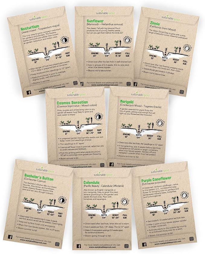 Seeds for Planting Flowers: 8 Bulk Variety Packets Zinnia, Nasturtium, Marigold, Purple Coneflower, Cosmos, Calendula, Bachelor's Button & Sunflower Seeds, Non GMO Flower Seeds by Sustainable Sprout