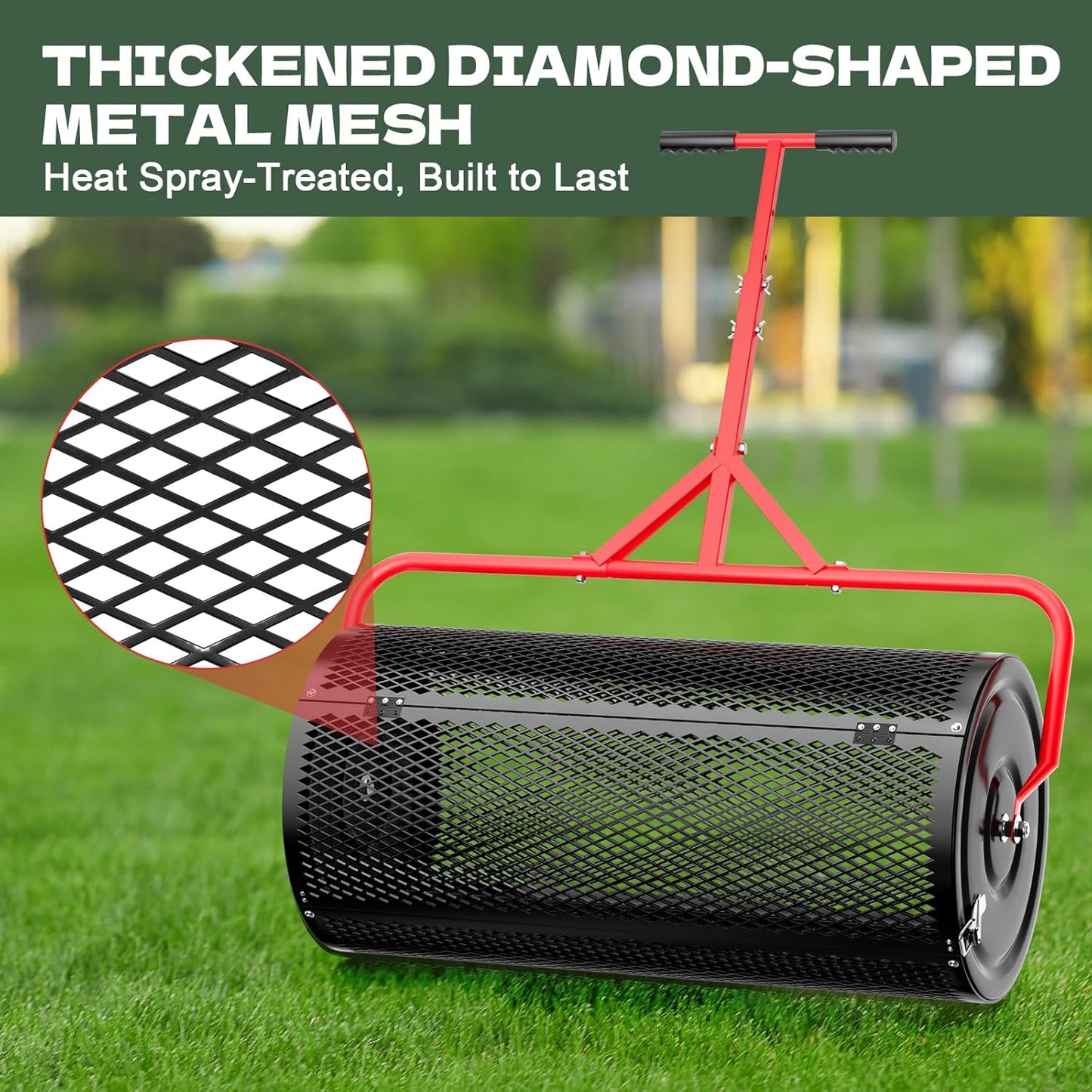 Compost Peat Moss Spreader for Lawn, 30 Inch Compost Roller Spreader with Adjustable T-Shaped Handle, Upgraded Side Clasps, Durable Lightweight Metal Roller, Lawn Garden Yard Care