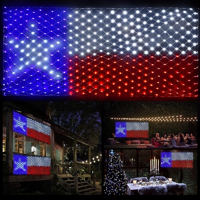 Leisure World LED Texas Flag Net Lights - Outdoor American Flag, Patriotic Red, White & Blue, 3.3 x 6.6 FT, 8 Modes for 4th of July & Christmas