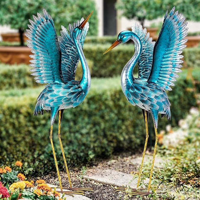 Natelf Garden Crane Statues for Outdoor, Blue Heron Decoy Courtyard Sculptures, Standing Metal Bird Yard Art for Patio Pond Backyard Decor(Set of 2)