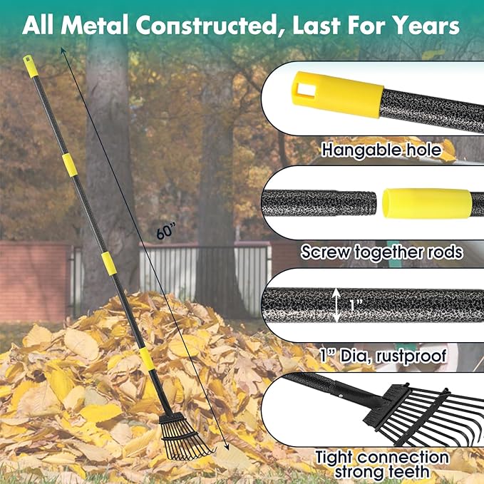Rake, 73 Inch Long, 11 Tines Small Metal Garden Rake for Leaves, Heavy Duty 9 Inch Wide Rakes for Lawns, Yard Leaf Rake for Gardening , Flower Beds, Shrub, Kids Rake