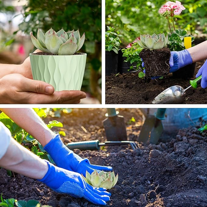12 Pack 4 Inch Small Plant Pots with Saucers, 3D Textured Plastic Planters with Drainage Holes for Indoor and Outdoor Plants, Flowers, Herbs, Succulents, and Seedlings, Green