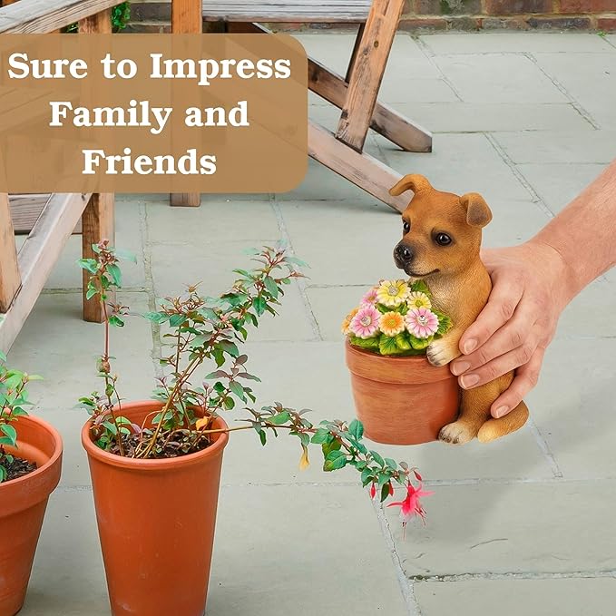 Muldale Solar Dog Statues Outdoor - Solar Powered Outdoor Dog Garden Statue - Hand Painted Floral Plant Pot Light Up