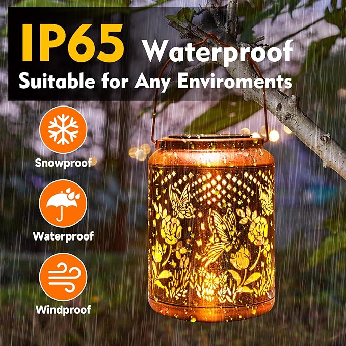 Hyriony Butterfly Solar Lanterns Outdoor Waterproof Metal Hanging Lights, Garden Decor Gifts for Women, Mom, Grandma Solar Decorations for Yard, Patio, Backyard, Porch, Lawn, Walkway, Tabletop