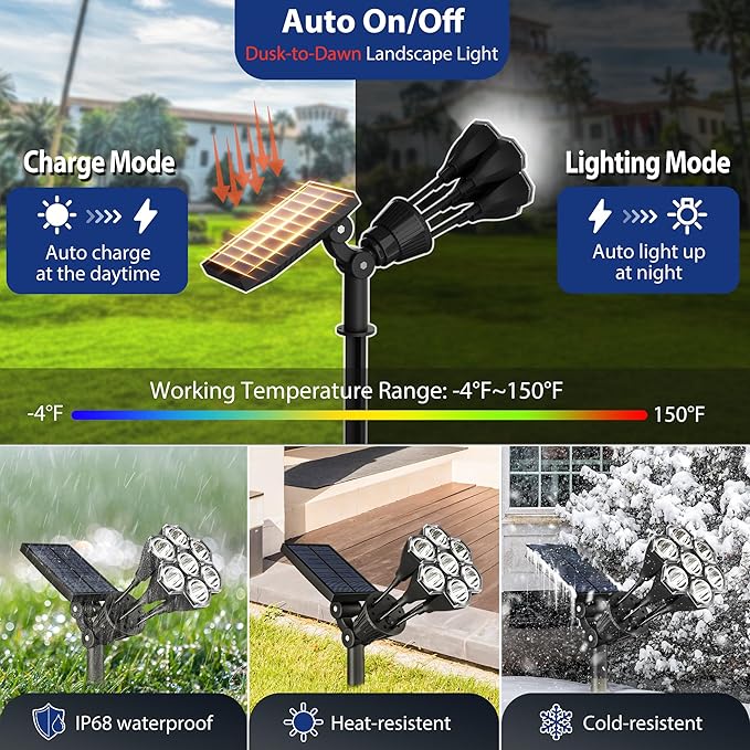 Solar Lights Outdoor Waterproof IP68, 360° Adjustable 4 Modes Solar Powered Spot Lights for Yard Garden Landscape, Bright Led Flood Lightings for Outside Wall Tree House Pathway (Cold White/2 Pack)