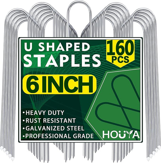 U Shaped Garden Stakes 6 Inch 160 Pack Drip Irrigation Stakes Galvanized Landscape Garden Staples Hose Stakes for Soaker Hose Drip Line Irrigation Tubing Tube, Lawn Ground and Weed Barriers