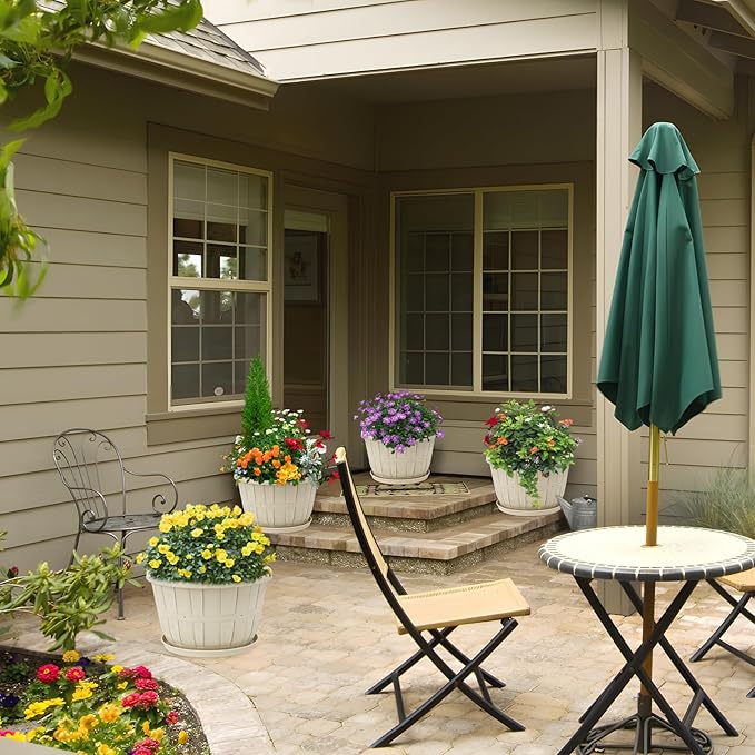 Quarut 14 Inch Plastic-Flower-Pot-for-Indoor-Plants, 4 Pack Large Outdoor Planter Pot with Drainage Holes & Saucers, Resin Decorative Garden Pots Planters（Beige）