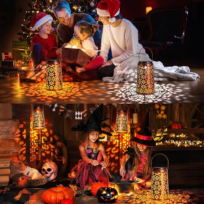 Outdoor Solar Lanterns - Hanging Solar Lights Halloween Lights Metal Lantern Decorative for Patio Garden Yard Backyard Table Tree Outside Lighting Cool/ Warm Light (6 Pack