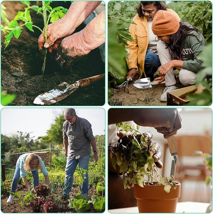 LeMotech Garden Tool Set,10 Pieces Heavy Duty Gardenting Tool Kit, Folding Stool with Detachable Tote Bag, Thicker Stainless Steel Tools (Trans-Planter,Trowel,Weeder etc.) for Women Men