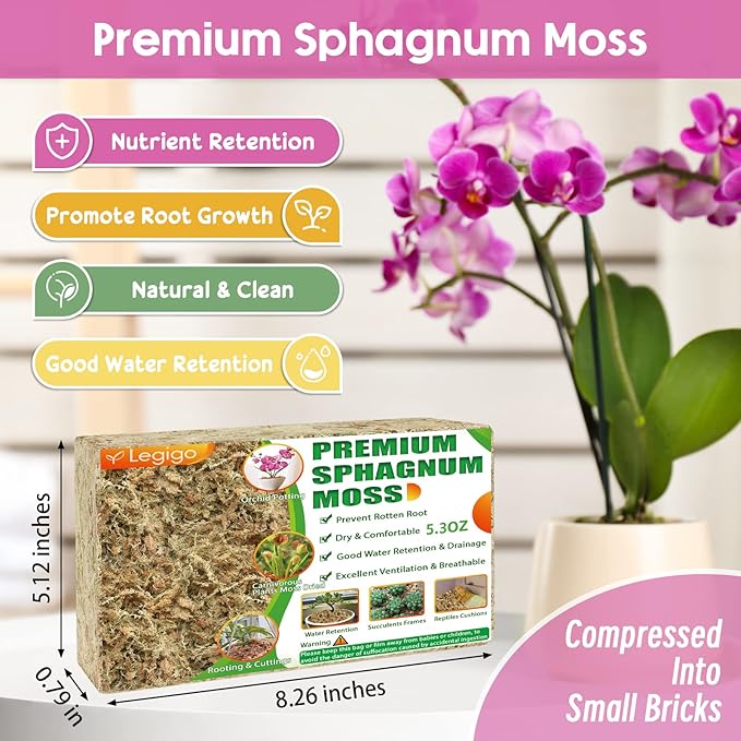 Legigo 5.3oz Premium Sphagnum Moss Potting Mix- Natural Succulent Carnivorous Plants Moss Dried, Plant Growing Medium for Orchid Succulent Sarracenia Orchid Gardening Plants Reptiles, 6 QT
