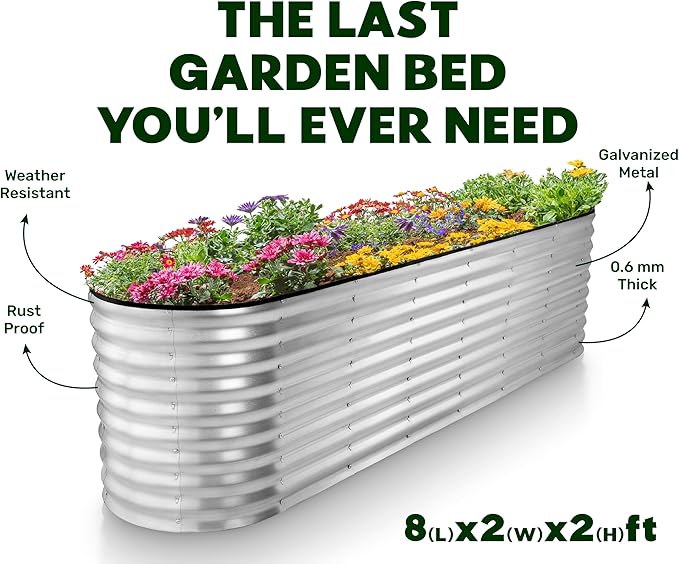 Galvanized Raised Garden Beds Outdoor // 8×2×2 ft Planter Raised Beds for Gardening, Vegetables, Flowers (Silver) // Large Metal Garden Box // Patented Tool-Free Design