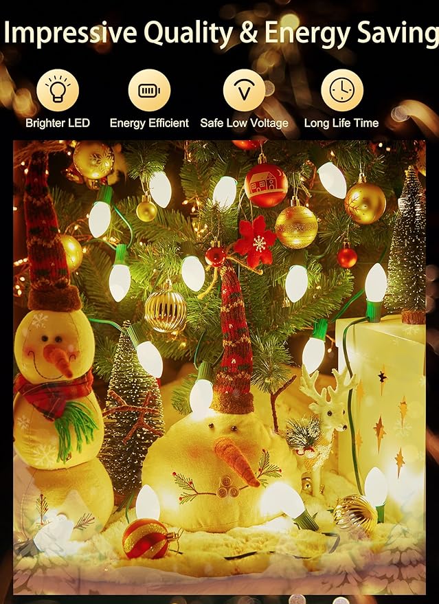 Vintage C9 LED Christmas Lights Outdoor, 50 Feet C9 String with 50 Shatterproof Matte Bulbs, Connectable Waterproof Tree Lights for Holiday Roofline, Backyard Garden Decor, Warm White