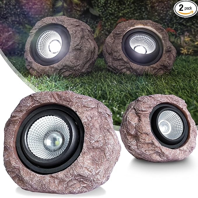 Outdoor Solar Rock Light, Waterproof LED Solar Spotlight, Garden Landscape Lights, Decorative Garden Rock Lights for Paths, Sidewalks, Patio and Landscaping - 2 Pack