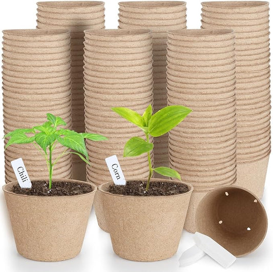 132 Pack Organic Peat Pots, 4 Inch Nursery Pot, Round Plant Seedling Pots with Drainage Holes, Small Seed Starting Starter Tray Bulk, Garden Germination Container with 132 Planting Labels (10 cm)