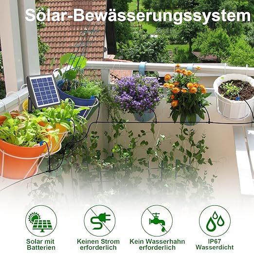 Solar Irrigation System, Plant Watering Devices Solar Powered Automatic DIY 50-Inch Watering System, A Garden Watering System with 6 Timing Modes for Outdoor Gardens, Vegetables, Greenhouses