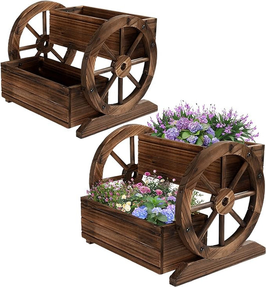 2PCS Wooden Wagon Planter Box, Garden Planter with Wheels,Decorative Flower Planter for Flowers Herbs Vegetables for Indoor & Outdoor Decor,Wooden Flower Cart for Patio Garden Balcony