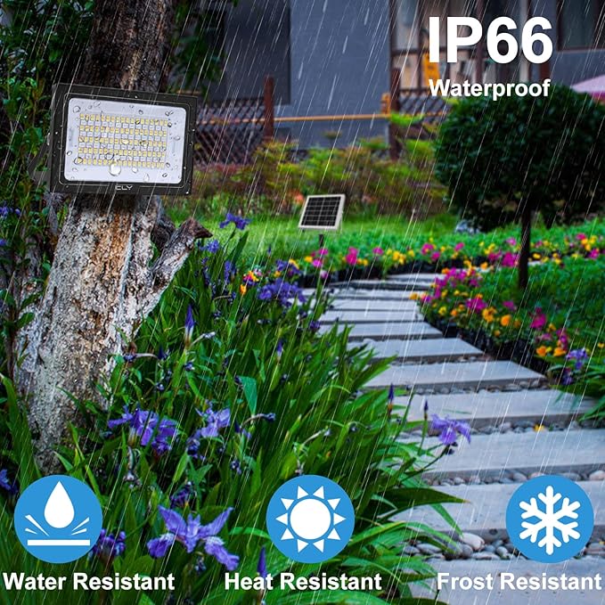 CLY Solar LED Flood Light Outdoor RGBCW Color Changing Floodlight with RF Remote, RGB 2700K 6500K Dimmable,16.4ft Cable IP66 Waterproof Solar Powered Security Light for Garden Tree Christmas Party