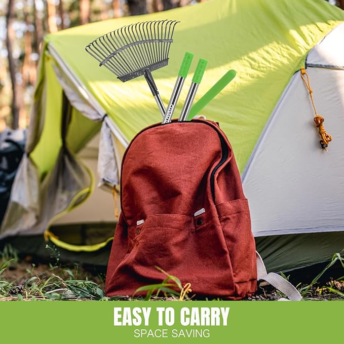 Joyhalo Rake for Leaves Adjustable 65 Inch Long, 18 Inch Wide Garden Rake with 25 Tines, Metal Leaf Rake, Rakes for Lawns, Gathering Leaves, Weeds, Debris