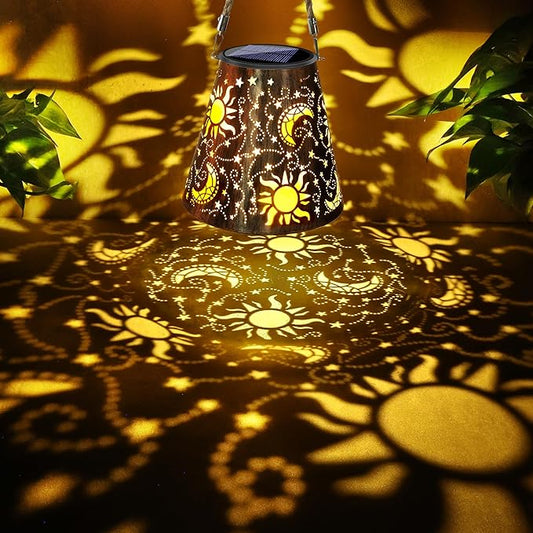 Toodour Solar Lantern Outdoor, Hanging Solar Outdoor Lights Garden Decor, Waterproof Hollow Out Retro Metal Sun & Moon Decorative Lights for Patio, Balcony, Yard, Walkway, Outdoor Decorations