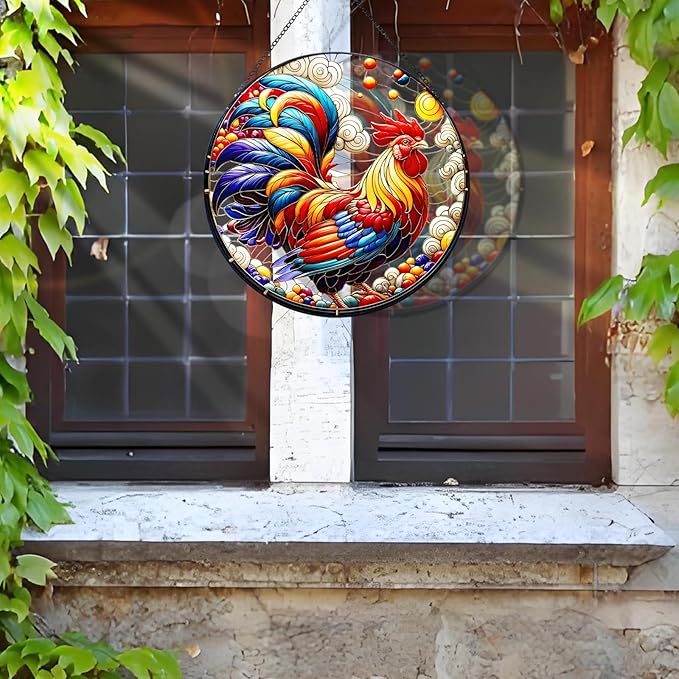 RIVEENY Rooster Glass Window Hangings, 8" Rooster Sun Catcher Stained Glass Window Panels, Wall Art Stained Panel Hangings Gift for Home Garden Ornament (Roosters)