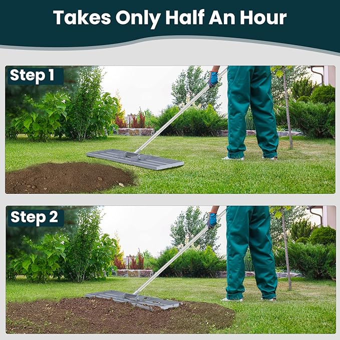 Lawn Leveling Rake 30x10 inch, (Professional-Grade) Lawn Leveler Tool with Stainless Steel Handle Rakes for Lawns Heavy Duty Landscape Rake for Backyard, Garden, Golf Course, Farm, Pasture