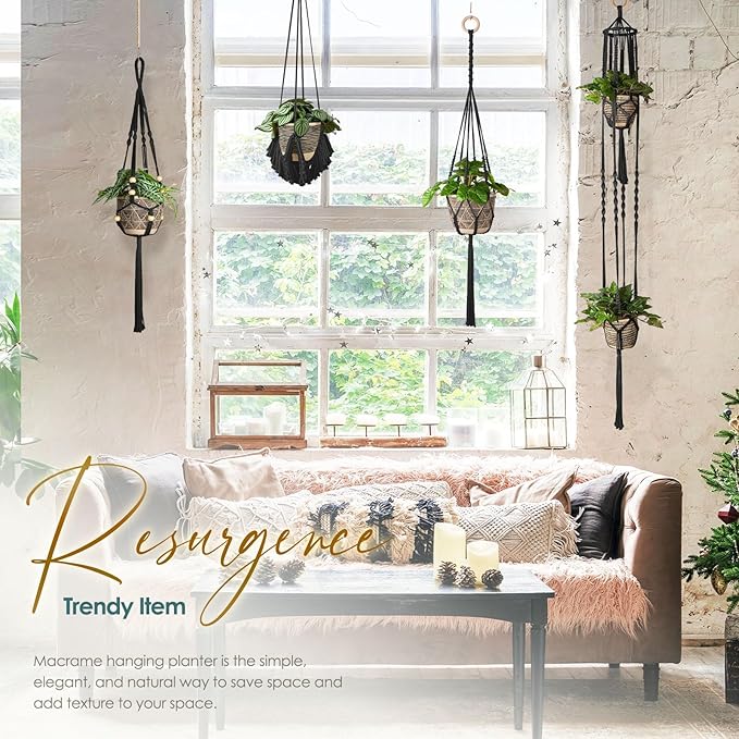 ANROYE Macrame Plant Hanger for Indoor Set of 4, Bohemian Hanging Planter with Tassels for Flower Pot, Boho Decorative Houseplant Rope Holder for Home Decor Bedroom Window Farmhouse