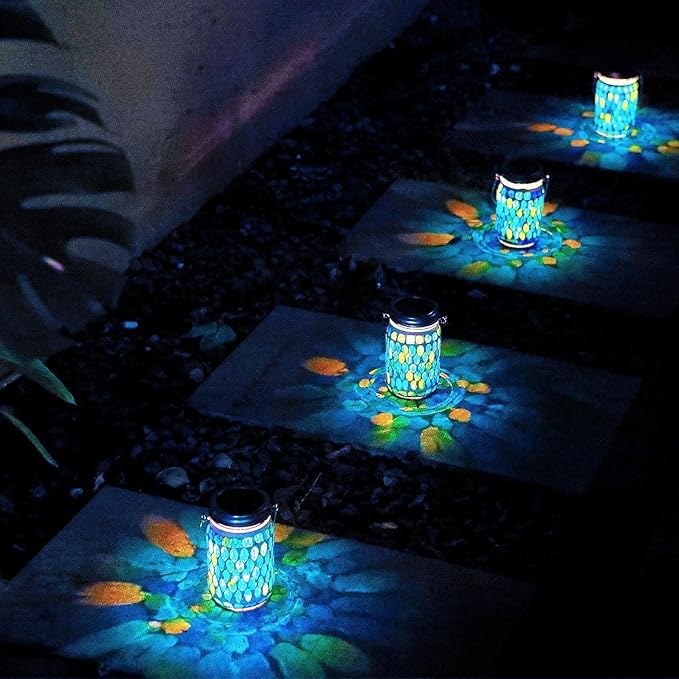 Cooo 2 Pack Mosaic Solar Lanterns Outdoor Waterproof Jar Lights Solar Powered, Hand Paste 141 Crystal Mosaics Table Hanging Garden Backyard Decor Lamps （Just Little More, Get Double The Delight ）