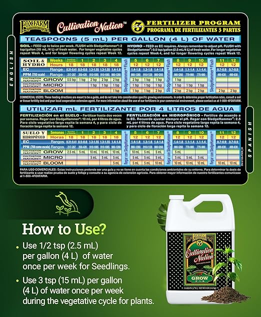 FoxFarm Cultivation Nation Grow Fertilizer - Formula for Optimal Vegetative Growth, Perfect for Soil, Soilless Media, Hydroponics & Aeroponics - Part 1 of 3-Part Feeding Program- NPK 2-1-6 (Gallon)