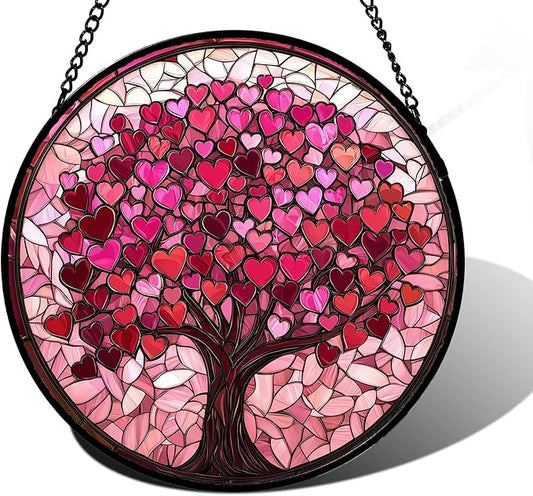 Stained Glass Window Hanging, Pink Love Tree of Life Sun Catchers Colorful Glass Panel Suncatcher Decor for Birthday for Women, Men, Wife, Lovers, and Mom 7.8 in