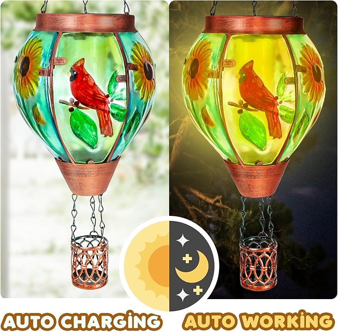 2 Pack Solar Hot Air Balloon Lantern With Flame, Cardinal Glass Solar Hanging Lights for Outdoor Yard Patio Farmhouse Decoration, Gifts for Women Grandma Mom