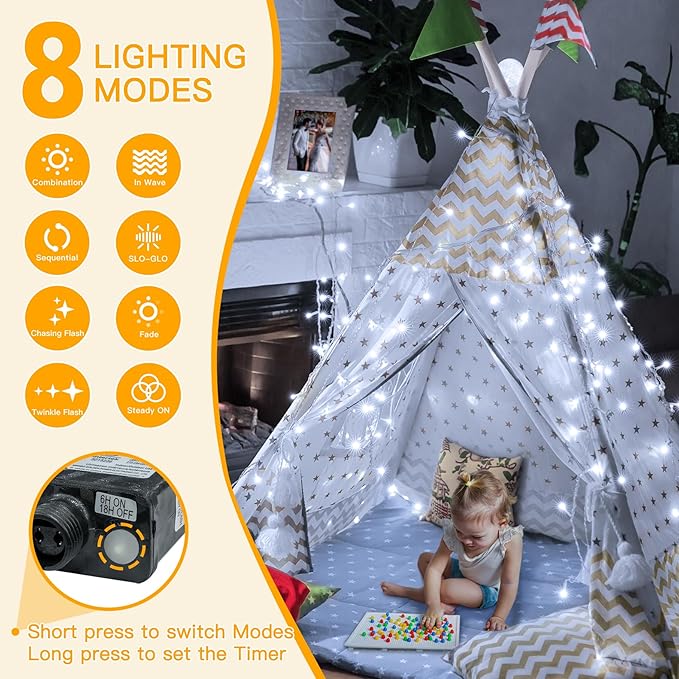 Ollny Outdoor String Lights 200LED 60FT, Cool White Connectable Plug in Fairy Light, 8 Modes Waterproof Timer Christmas Lights for Indoor Outside Bedroom House Party Wedding