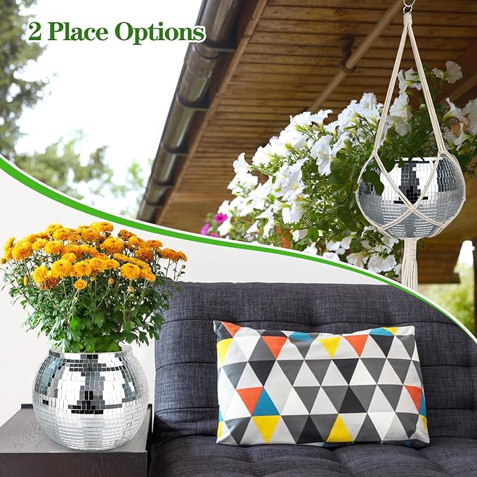 Disco Ball Planter, 1pcs 9” Silver Disco Ball Planter, Disco Ball Plant Hanger with Hanging Rope, Hanging Chain, Hook, Circle and Extra Mirror Pieces(9" Silver, 1pcs)
