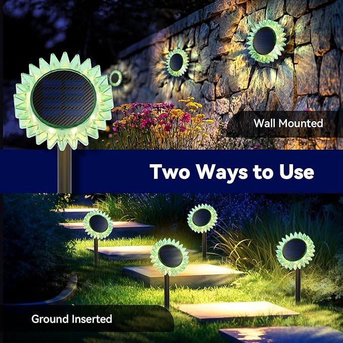 Outdoor Solar Lights, 2 Pack Led Solar Sunflower Lights, Stake/Wall 2-in-1 Waterproof Solar Garden Lights for Yard, Landscape, Fence, Patio, Driveway, Pathway, Backyard Decoration (Warm White)