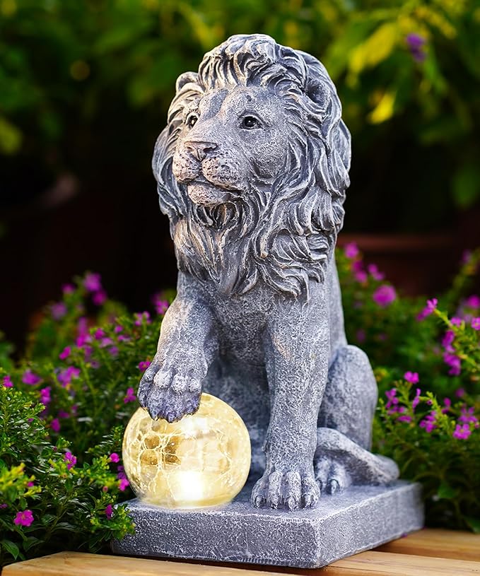 Nacome Solar Guardian Lion Garden Statue: Outdoor Decor Sculpture with Ball Lights for Yard Art Porch Patio - Unique Birthday Gifts for Women Mom