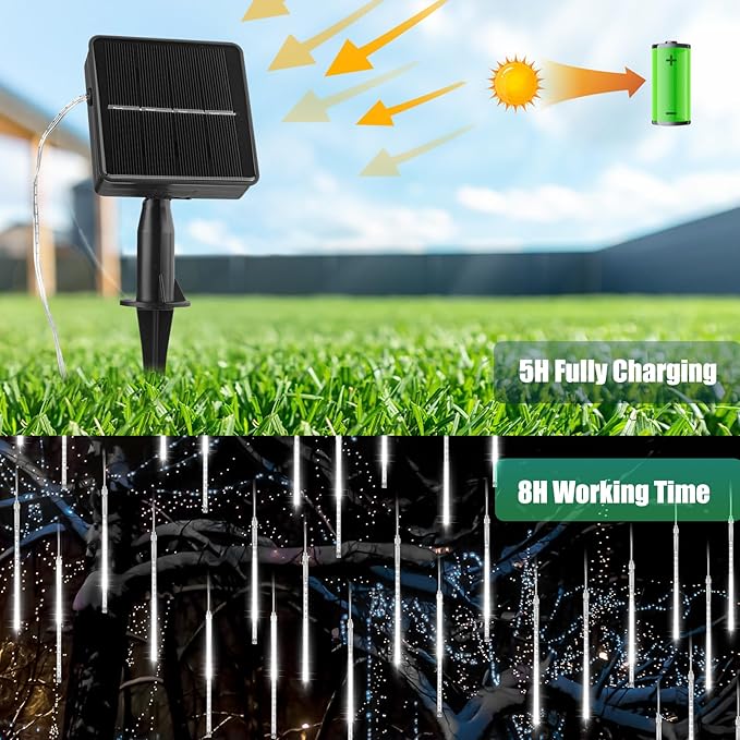 Solar Christmas Lights Outdoor Waterproof, Meteor Shower Lights Solar Powered, 16 Inches 8 Tube 288 LED Solar Icicle Tree Lights for Tree Bushes Holiday Parties Christmas Patio Decor, Pure White