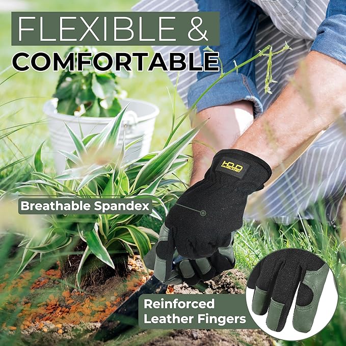 HANDLANDY Men Leather Gardening Gloves, Utility Work Gloves for Mechanics, Construction, Driver, Dexterity Breathable Design