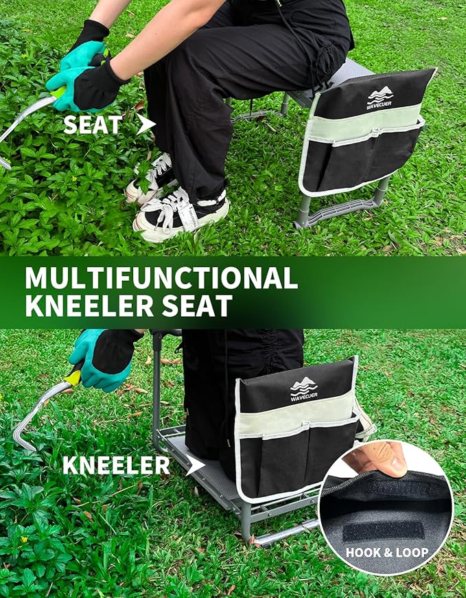 Garden Kneeler and Seat, Foldable Garden Stool 10.2" Width, Heavy Duty Knee Seat for Gardening with 2 Tool Pouches & Gloves, Gardening Accessories for Women, Grandparents, Seniors (Black)