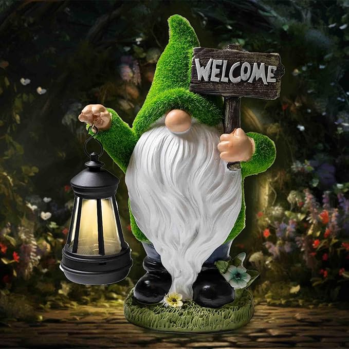 Garden Gnome Statue with Lantern - 11'' Spring Garden Gnomes Outdoor Christmas Decorations w/ Solar Light - Yard Gnomes Decorations - Vintage Solar Gnome, Housewarming Gifts for Women & Men