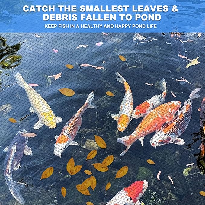 Pond Netting, 14 x 14 FT Pond Net Heavy Duty Pond Netting for Koi Ponds, Garden Pool Fine Mesh Netting Kit for Leaves, Protects Koi Fish from Birds Cats Predators, with 14 Stakes and 30 Cable Zip Ties