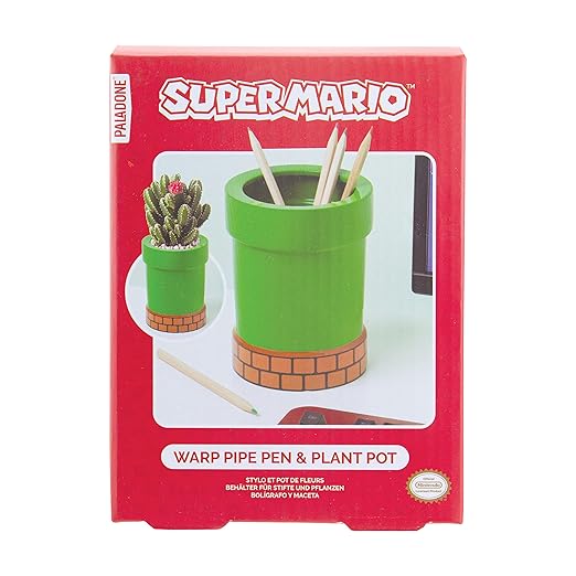 Paladone Super Mario Warp Pipe Flower Pot and Pen Holder, Ceramic Planter or Pen Organizer, Officially Licensed Nintendo, 15 cm, Green