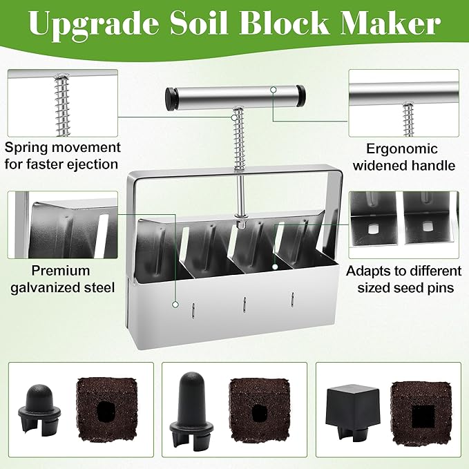 Stainless Steel Soil Blocker for Seed Starting, 4 Cell Blokers Make Tool 2-inch Standard Blocks Soil Block Maker with Scraper &Three Sizes Seed Pins