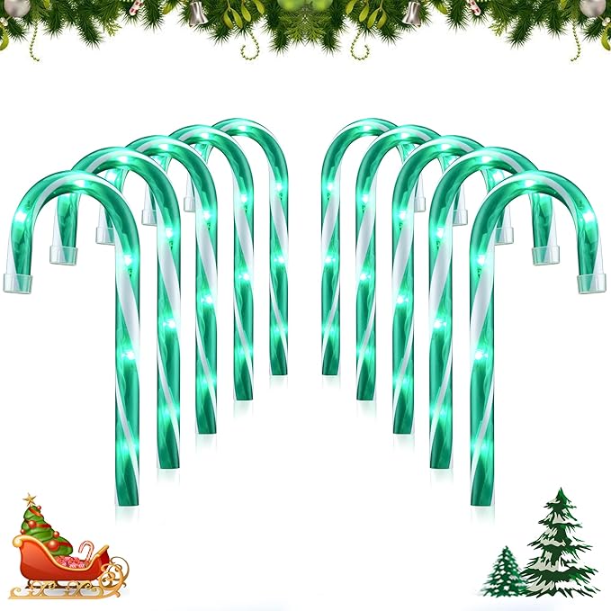 10" 10 Pack Christmas Candy Cane Lights, Candy Cane Lights with 10 Stakes for Walkway Patio Yard Patio Garden Festival Holiday Outdoor Indoor Landscape Path, Christmas Decorations Outside, Green