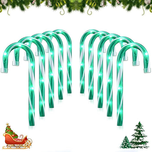 10" 10 Pack Christmas Candy Cane Lights, Candy Cane Lights with 10 Stakes for Walkway Patio Yard Patio Garden Festival Holiday Outdoor Indoor Landscape Path, Christmas Decorations Outside, Green